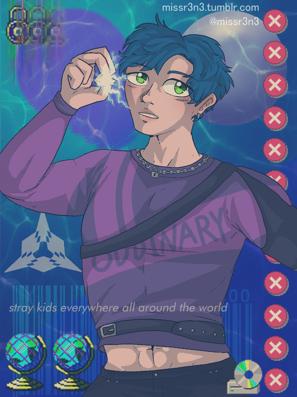 a drawing of stray kids' chan with a vaporwave aesthetic